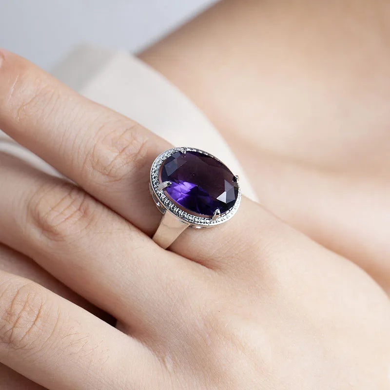 Cellacity Classic Silver 925 Jewelry Amethyst Silver Rings For Women With Oval Shaped Gemstones Engagement Female Gift Wholesale