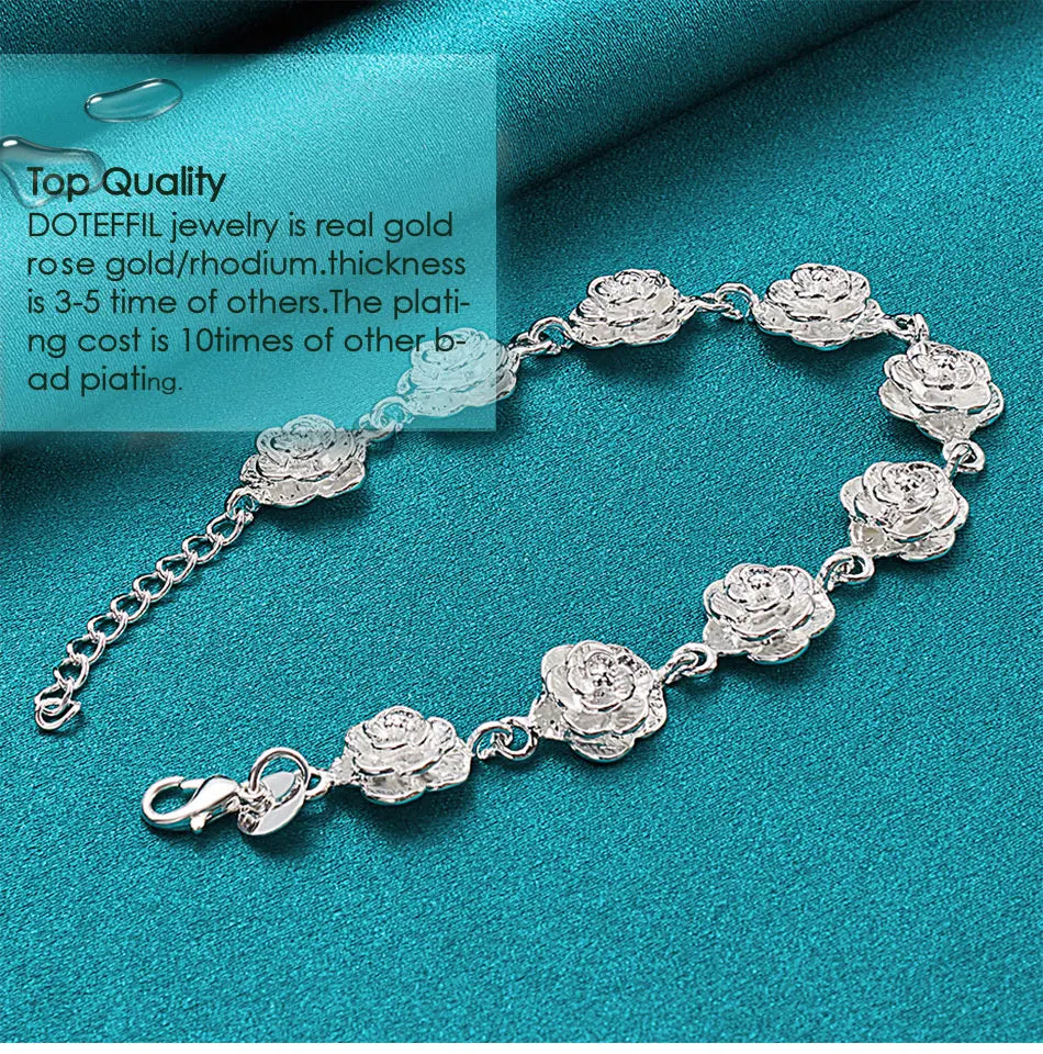 925 Sterling Silver Full Rose Flower Chain Bracelet For Women Wedding Engagement Party Fashion Charm Jewelry