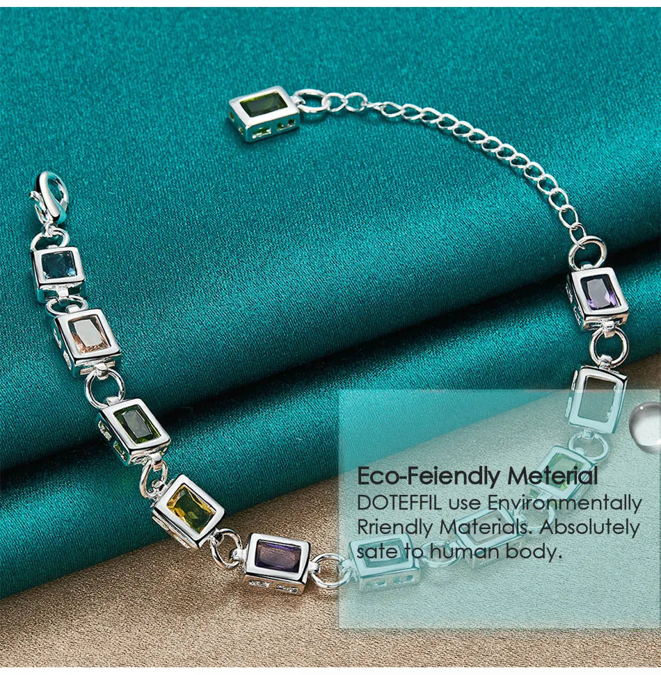 925 Sterling Silver Square inlaid With Multi-color Zircon Bracelet Chain For Woman Engagement Party Wedding Jewelry