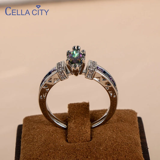 Cellacity Silver 925 Ring for Women with oval Rainbow Fire Mystic Topaz Gemstone Silver Jewelry Party Silver Fine Jewely