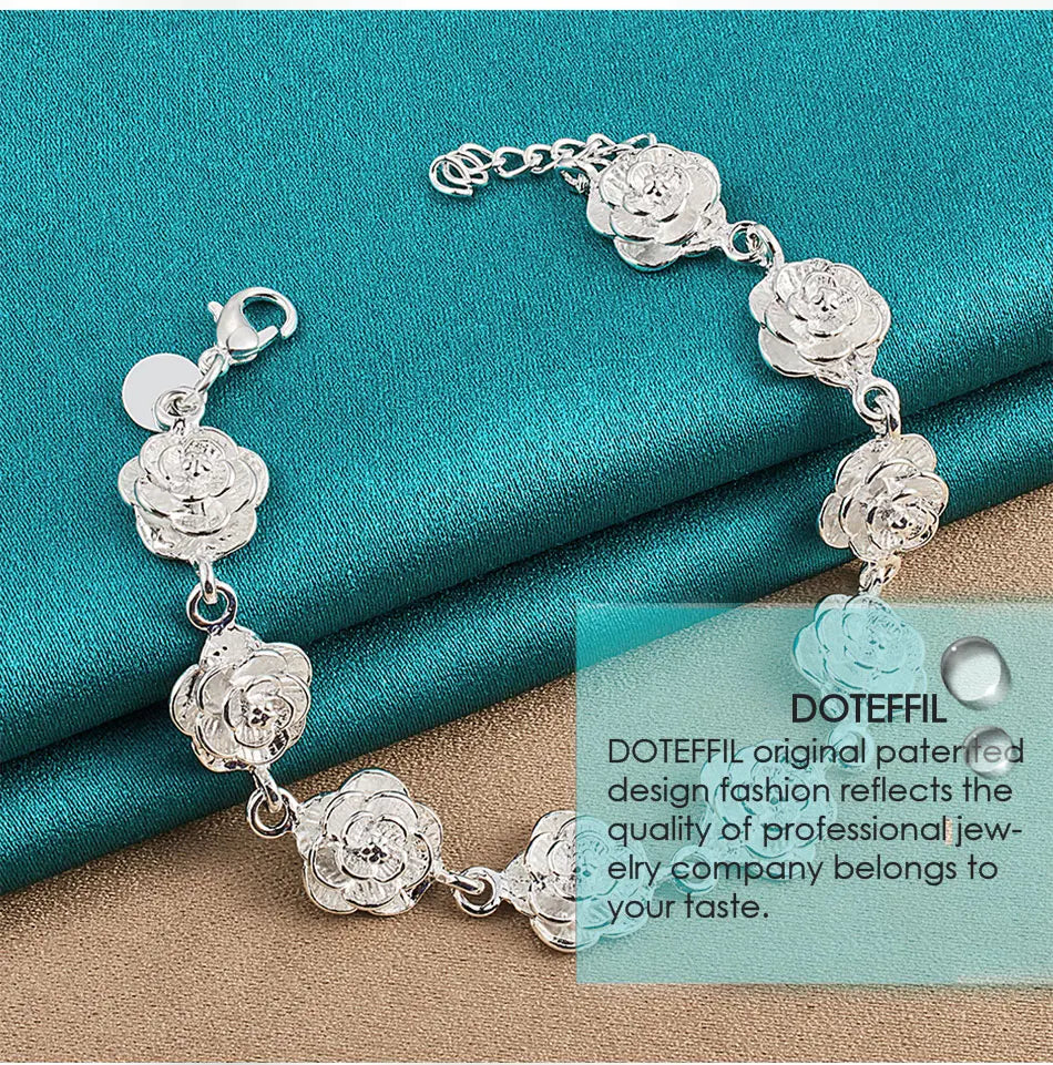 925 Sterling Silver Full Rose Flower Chain Bracelet For Women Wedding Engagement Party Fashion Charm Jewelry