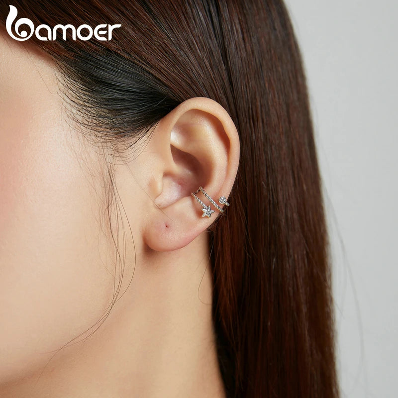 bamoer 1 PC 925 Sterling Silver Star Ear Clip Ear Cuff Zircon Clip On Earrings Without Piercing Earrings Fashion Jewelry SCE1135