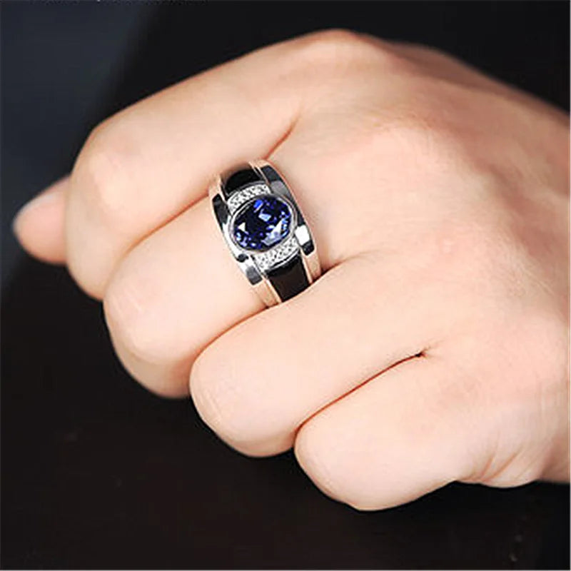 Trendy 925 Sterling Silver Ring For Men Engagement Accessories Cool Crystal Blue Ocean Oval Ring Adjustable Male Jewelry Gift