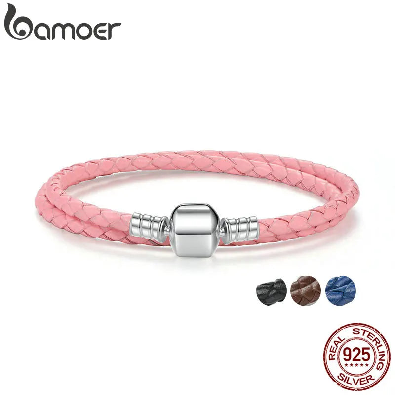 Genuine Long Double Pink Black Braided Leather Chain Women Bracelets with 925 Sterling Silver Snake Clasp