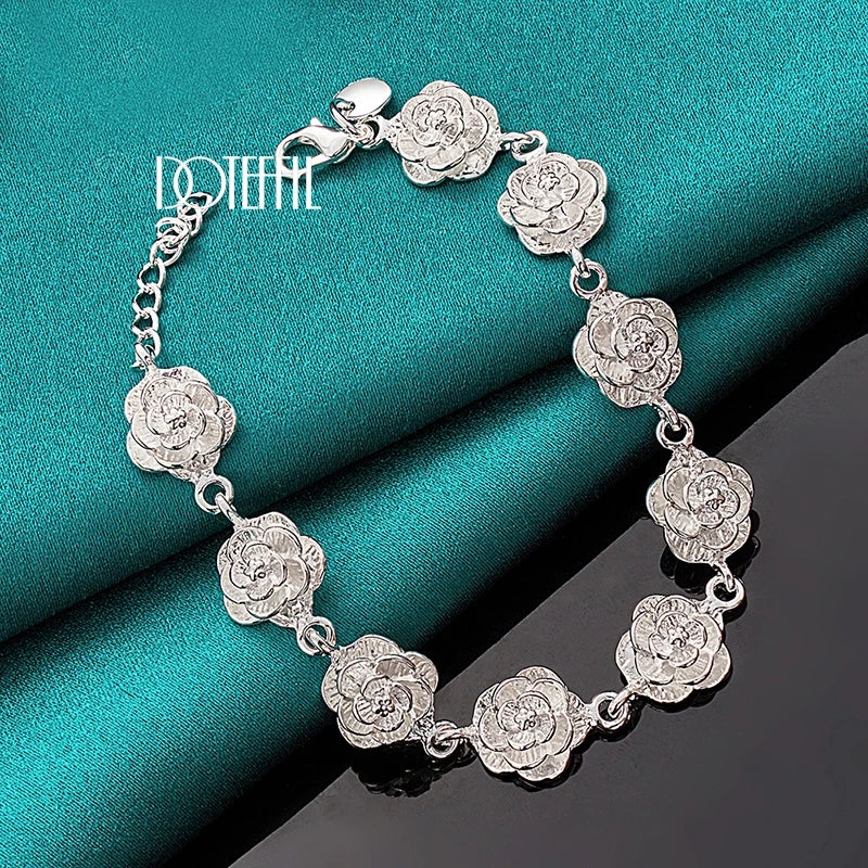 925 Sterling Silver Full Rose Flower Chain Bracelet For Women Wedding Engagement Party Fashion Charm Jewelry