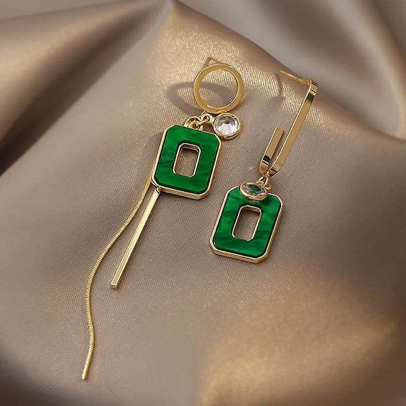 New Asymmetric Green Square Tassel Long Earrings Korean Design Jewelry Girls Fashion Accessories Drop Earrings For Woman