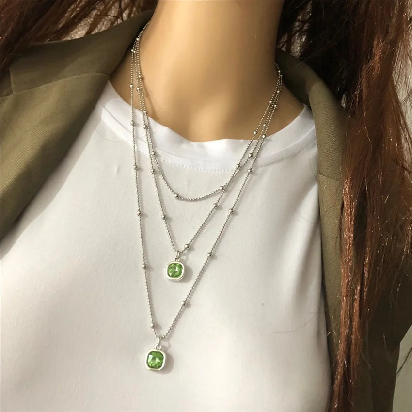 New Design Silver Color Beads Chain Long Necklace Women Multilayer Square Crystal Pendant Choker Jewelry Girls