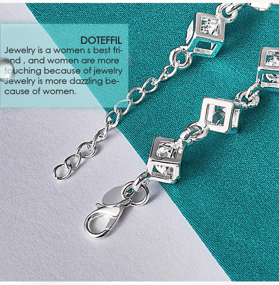 925 Sterling Silver Square Zircon Chain Bracelet For Women Wedding Engagement Party Fashion Jewelry