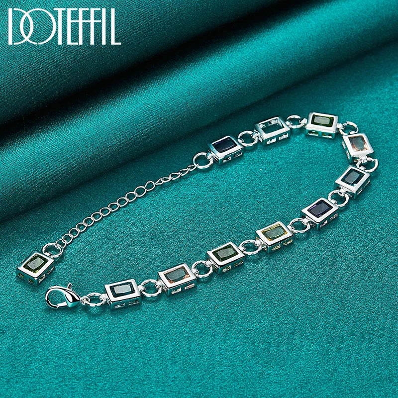 925 Sterling Silver Square inlaid With Multi-color Zircon Bracelet Chain For Woman Engagement Party Wedding Jewelry