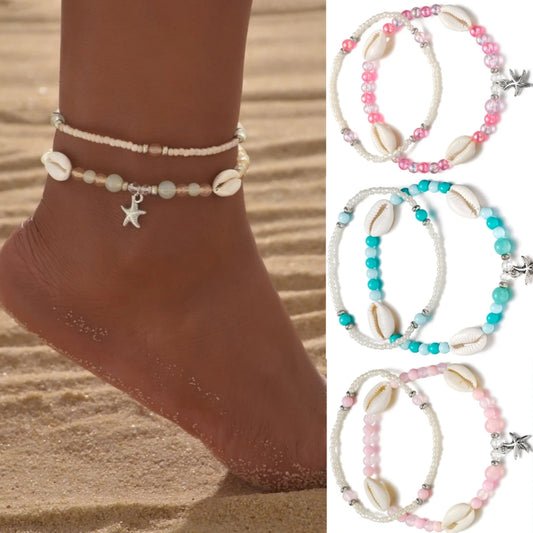 2-piece vacation ocean style alloy starfish pendant with colorful jelly beaded double layered women's anklet