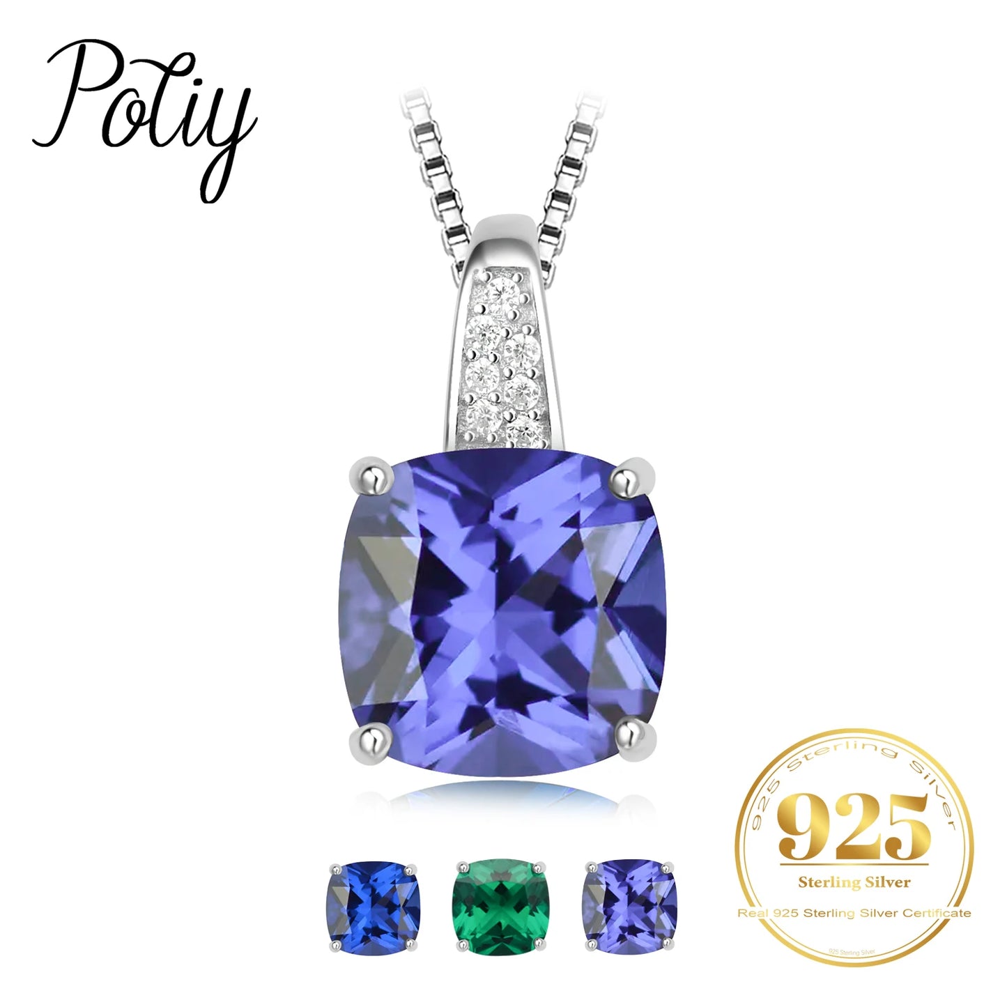 Potiy 4.73ct 925 Sterling Silver Cushion Created Sapphire Nano Emerald Tanzanite Pendant Necklace No Chain for Women valentines