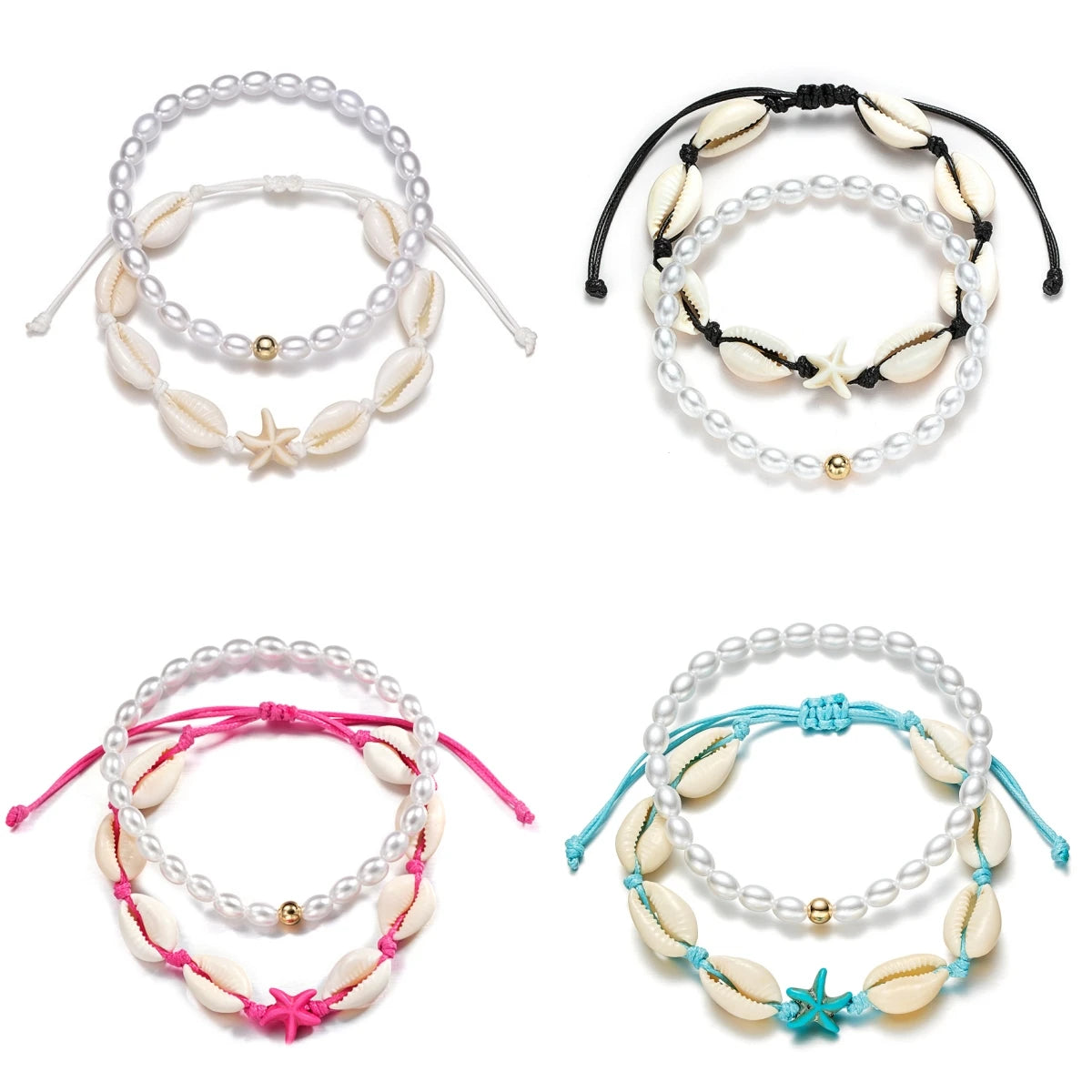 2-piece Bohemian style colorful rope woven shell pearl beach women's anklet set