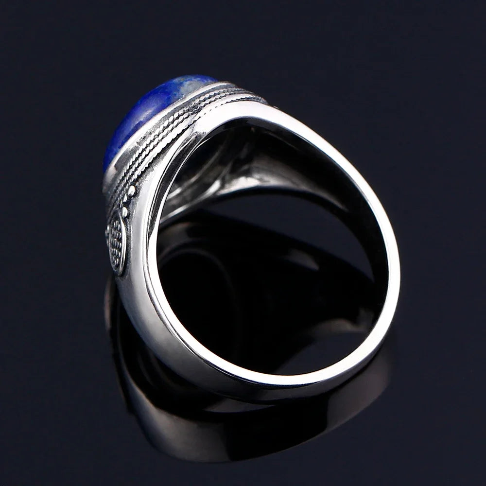 Sterling Silver 925 Ring Natural Big Oval Lapis Rings for Men Retro Luxury Fine Jewelry Party Anniversary Gift