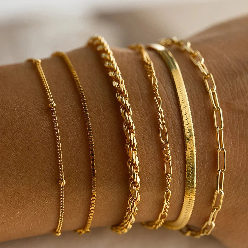 NEW 6Pcs Gold Color Bracelet Set Boho Retro Thick Twist Cuban Chain Bracelet for Women Trendy Quality Jewelry Gifts