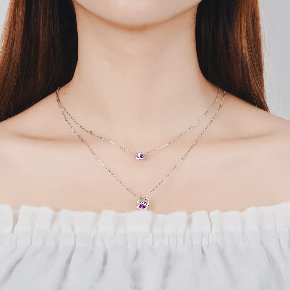 S925 Sterling Silver Love Cube Pendant For Women Double-Layer Clavicle Chain Pendant Necklace Necklace (40cm+3.5cm)