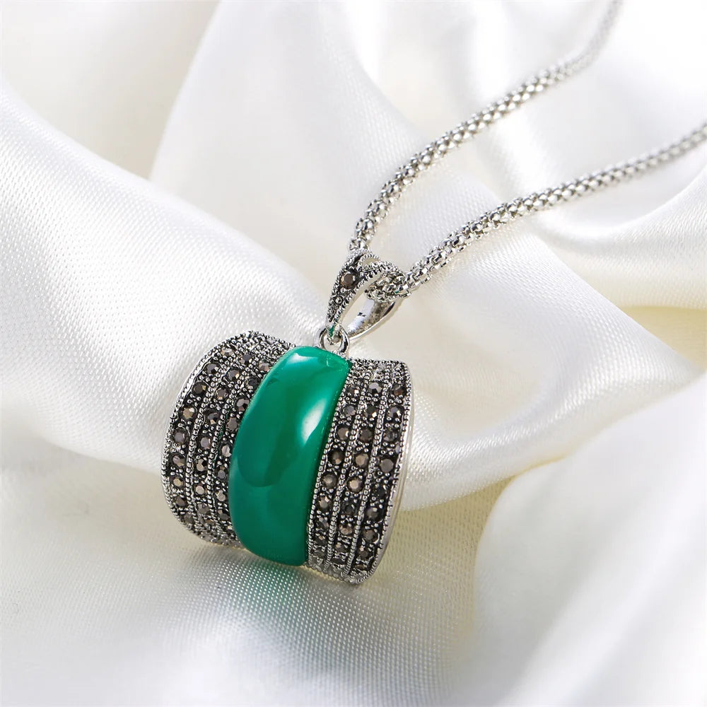 Original Designer Antique Silver Color Women Jewelry Set Geometric Green Stone Ring Necklace And Earrings Sets