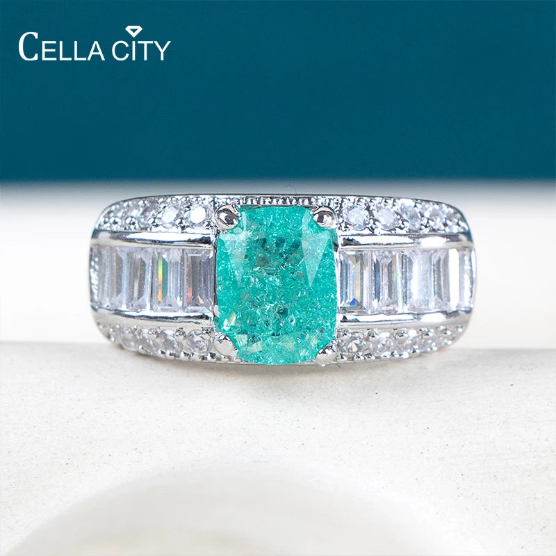 Cellacity women men paraiba ring silver 925 jewerly with big stone wedding party fine jewerly gift size 6-10 wholesale jewerly