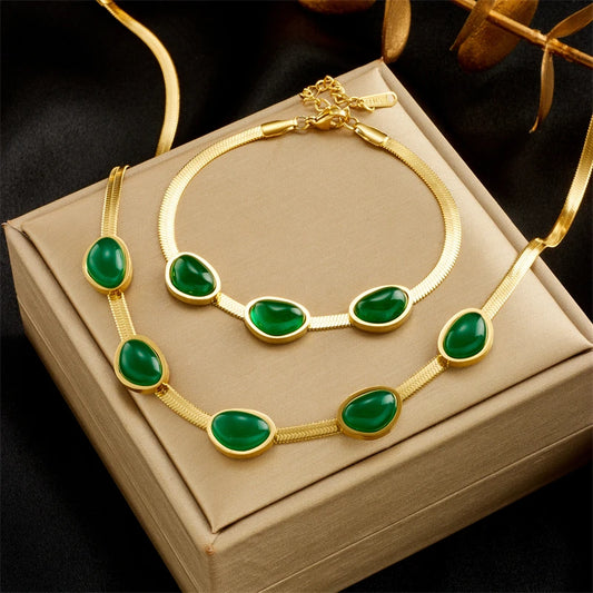 316L Stainless Steel Oval Luxury Green Crystal Necklace Bracelets For Women Girl Fashion Non-fading Jewelry Set Bijoux