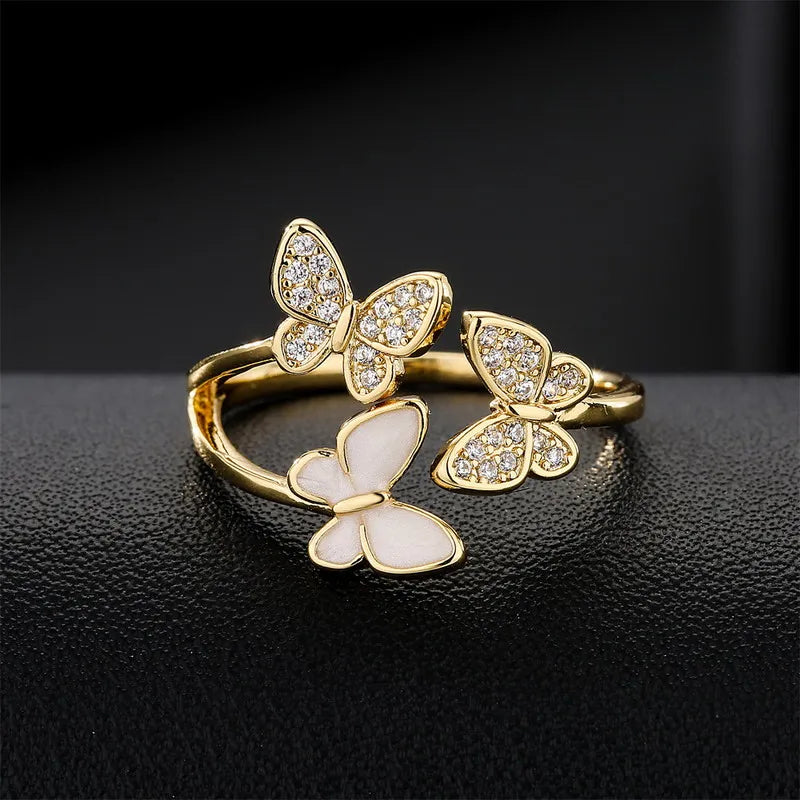 European and American Hot Selling Copper Micro-set Zircon Jewelry New 18K Gold Plated Butterfly Open Ring For Women