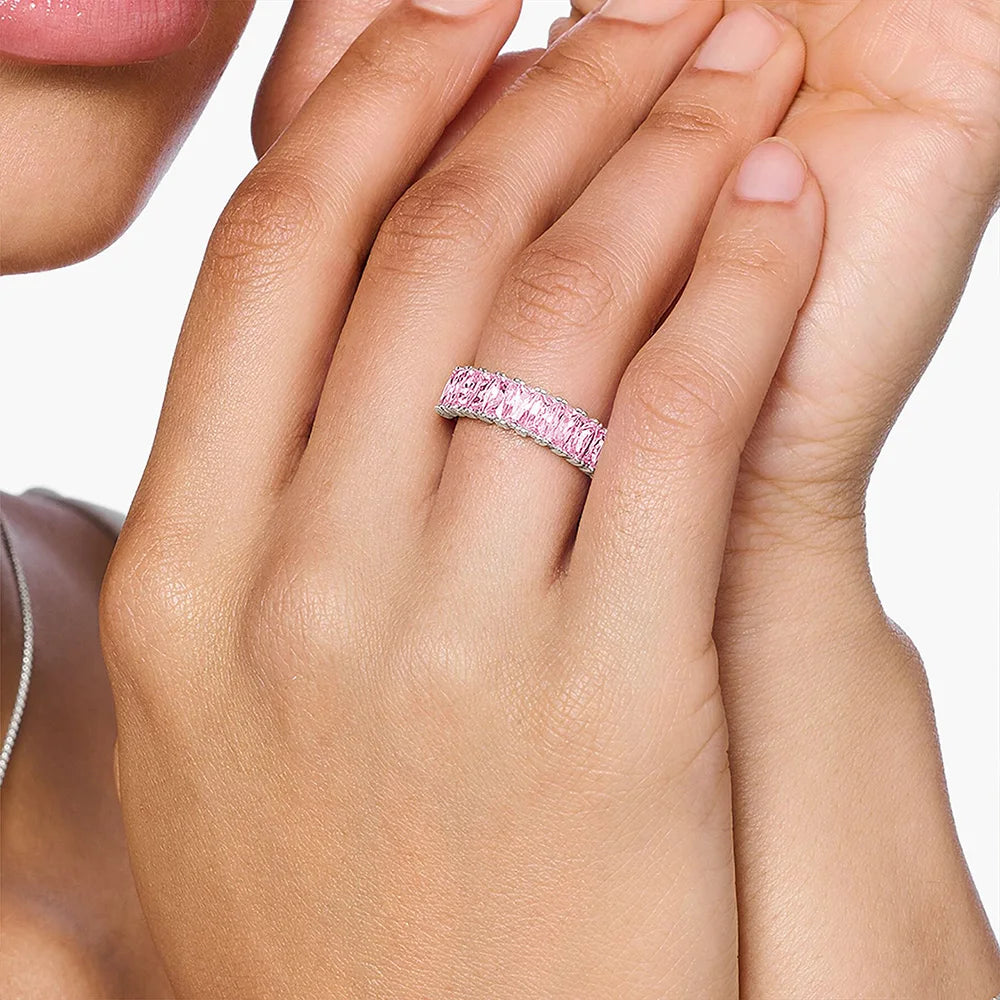 Band Ring Pink Stones Pavé Europe Style Fine Jewelry For Women Summer Brand New Pure 925 Sterling Silver Trendy Gift