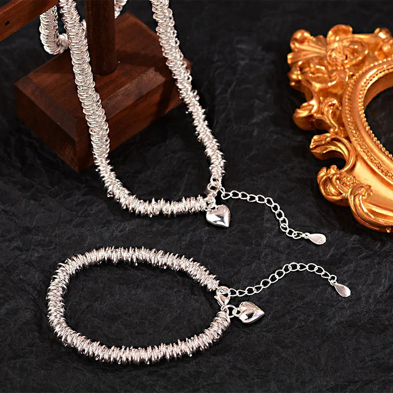 New Designed Silver Color Circular Heart Shaped Pendant Bracelet & NECKLACES For Women's Valentine's Day Sweet Accessories Unusual Jewelry