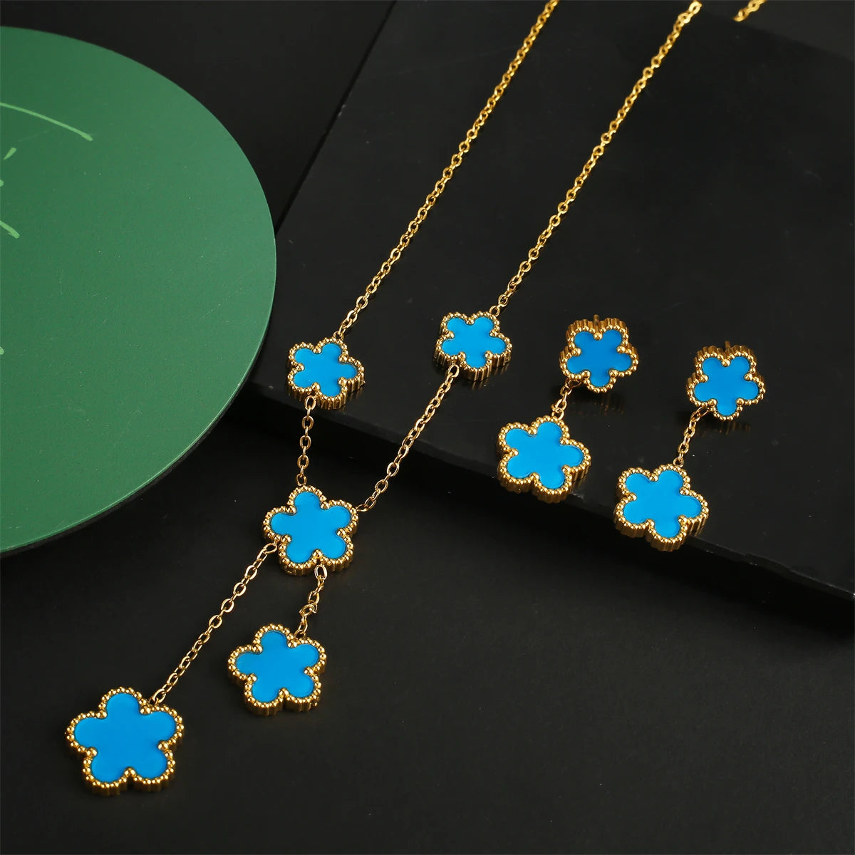 New Design Stainless Steel Does Not Five-leaf Flower Bracelet Necklace Earrings Three-piece Jewelry Set Ladies Four-leaf Clover