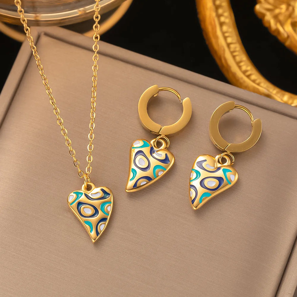 2024 Fashion Four-leaf Clover Stainless Steel Earrings Necklace Set For Women Lucky Turkish Blue Eyes Drop Pendant Daywear Jewelry