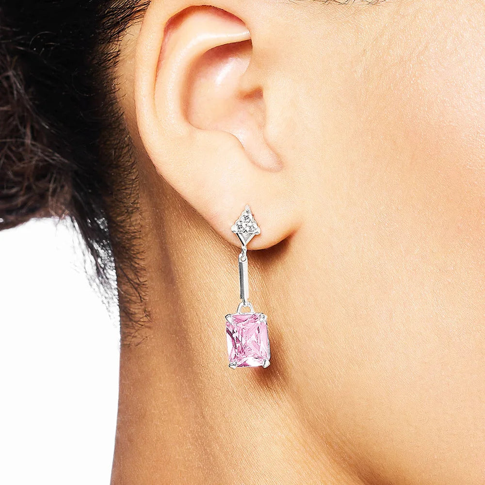 Drop Earrings Pink Stones Stylishly Jewelry For Women Brand New Sterling Silver 925 Trendy Gift