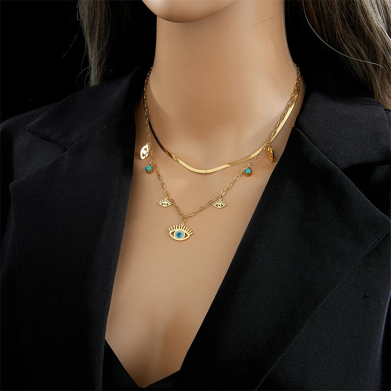 316L Stainless Steel Green Stone Crystal Necklace For Women Bohemian Ethnic Chain Choker Wedding Party Jewelry Gift