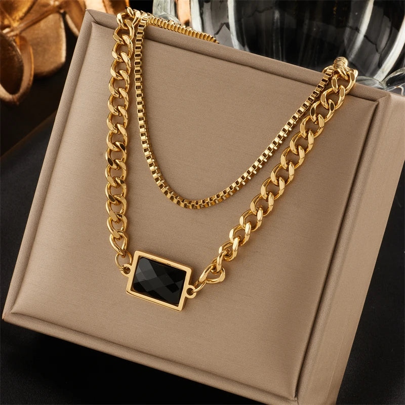 2024 316L Stainless Steel Gold Color Multilayer Necklace For Women Hip Hop Punk Street Trend Chain Choker Girls Jewelry Gift