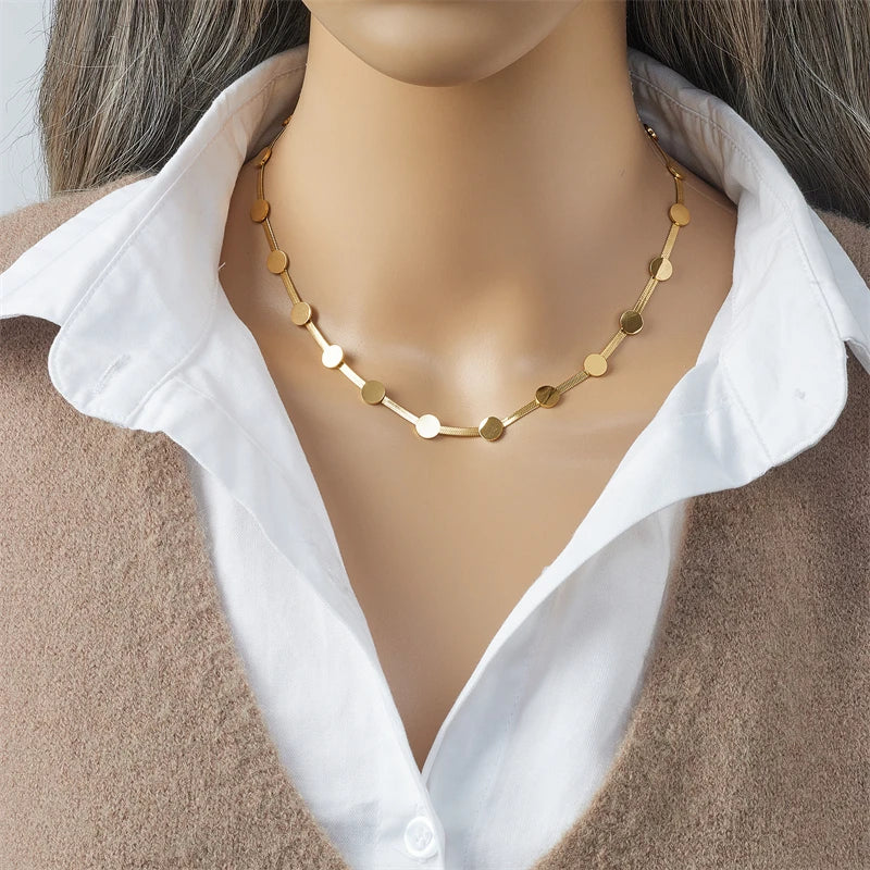 316L Stainless Steel Gold Color Round Choker Necklace Bracelets For Women Girl Fashion Non-fading Jewelry Set Accessory