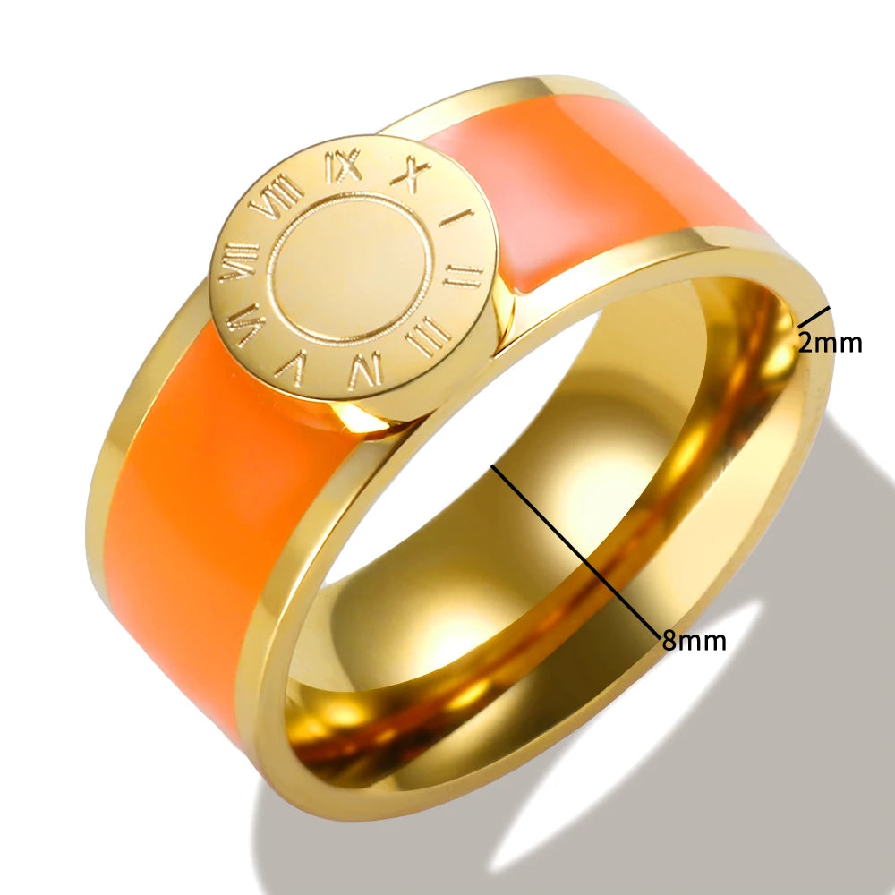 Enamel Round Roman Numeral Ring For Women Girl Couple Stainless Steel 8mm Shells Finger Rings Popularity Gold Color Jewelry New