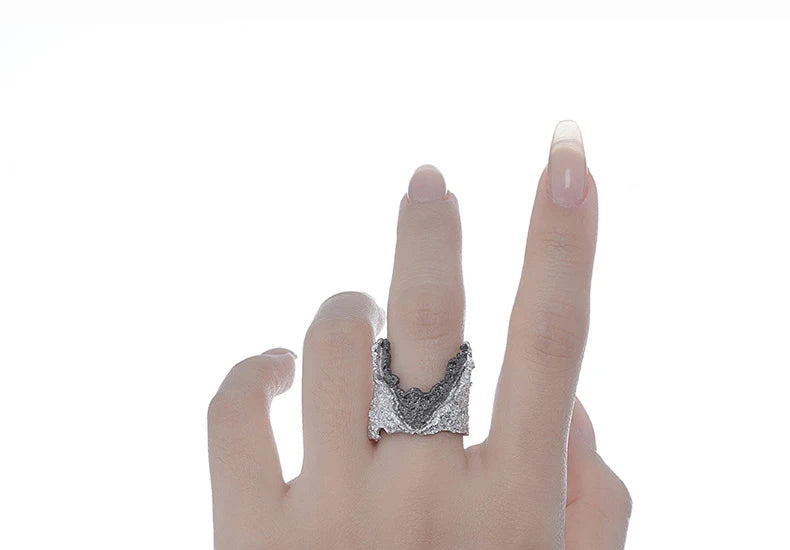 F.I.N.S Exaggerated S925 Sterling Silver Wrinkle Ring Retro Old Open Contrast Color Index Finger Ring Solid Silver 925 Jewelry