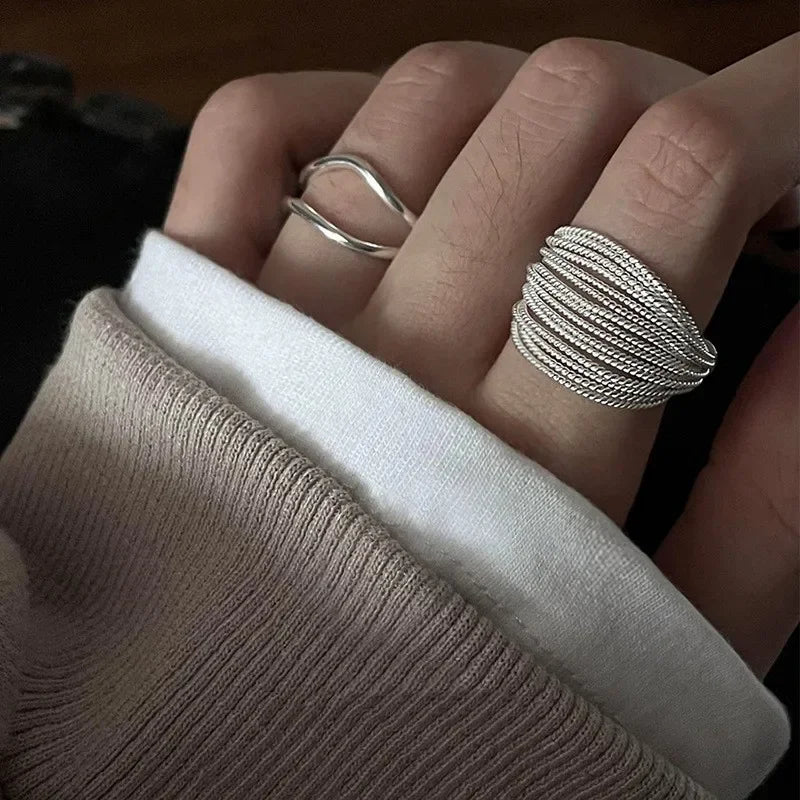 Unique Lines Ring For Women Fashion 925 Sterling Silver Jewelry Finger Adjustable Open Vintage Ring For Party Birthday Xmas Gift