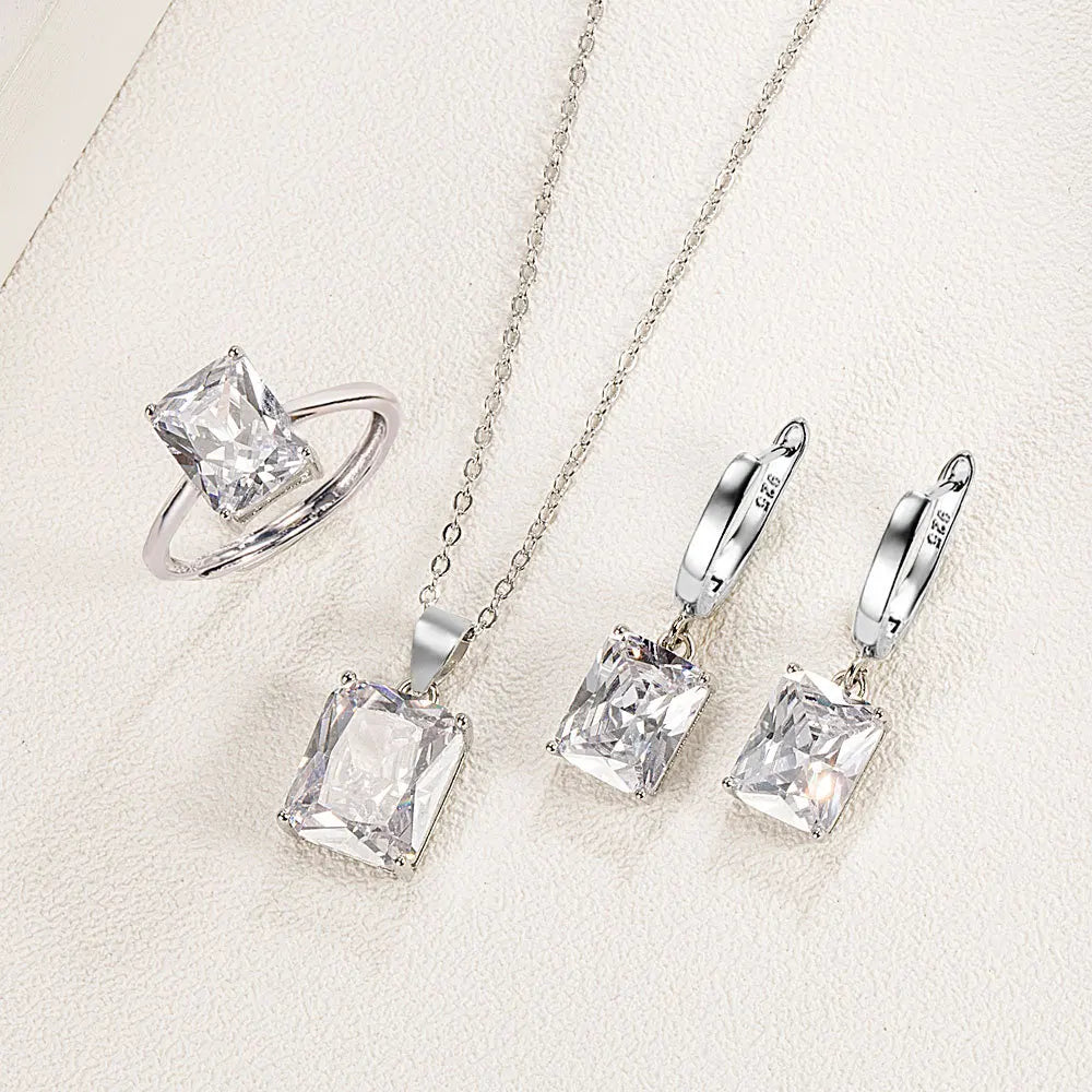 s925 Sterling Silver Ring Earrings Necklace For Women Rectangle Geometry Zircon Wedding Elegant Jewelry Sets Free Shipping Items