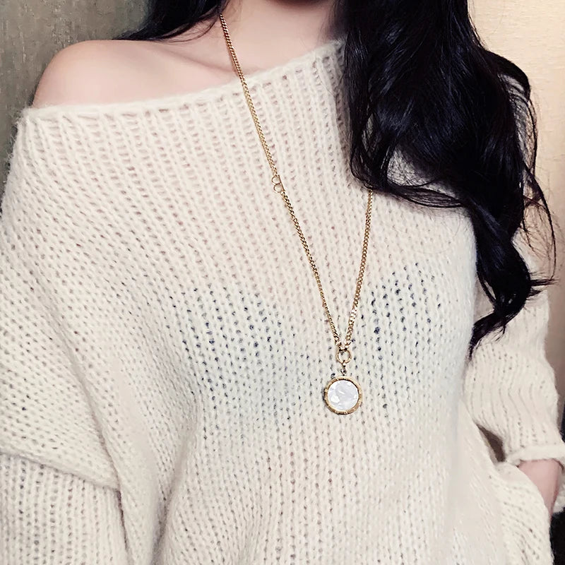 Shell Black and White Roman Wafer Pendant Stainless steel Long Necklace Fashion Sweater Chain Jewelry For Woman Accessories