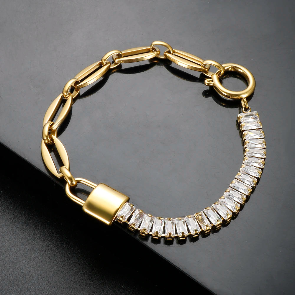 Luxury Cubic Zirconia Paneled Cuban Chain Bracelet 316L Stainless Steel White Square Crystal Bracele For Women Jewelry Wholesale