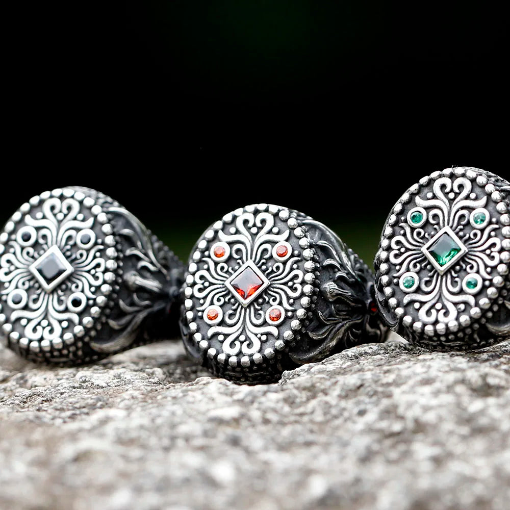 New Unique Design Stainless Steel Turkish Stone Ring Vintage Pattern Men's Ring Retro National Style Jewelry Gift