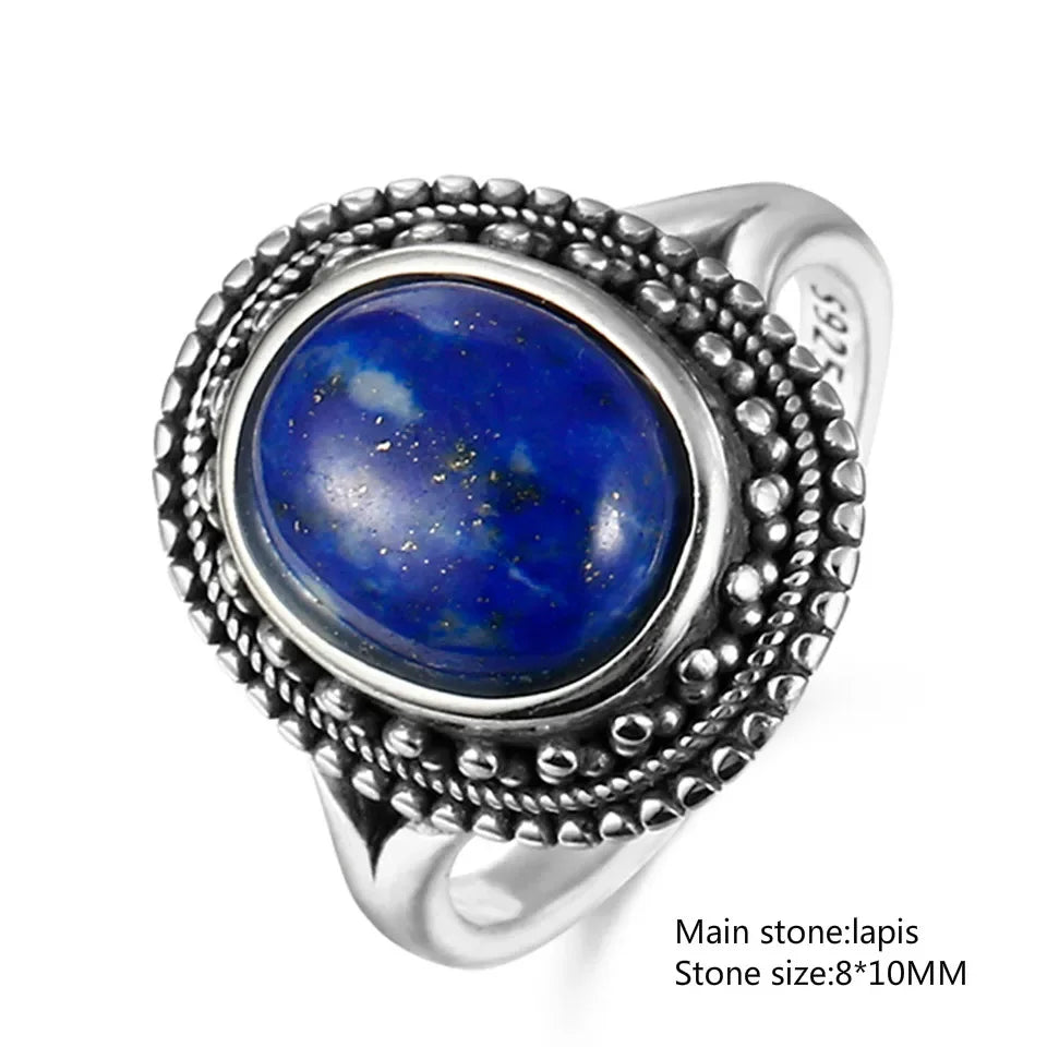 Sterling Silver 925 Ring Natural Big Oval Lapis Rings for Men Retro Luxury Fine Jewelry Party Anniversary Gift