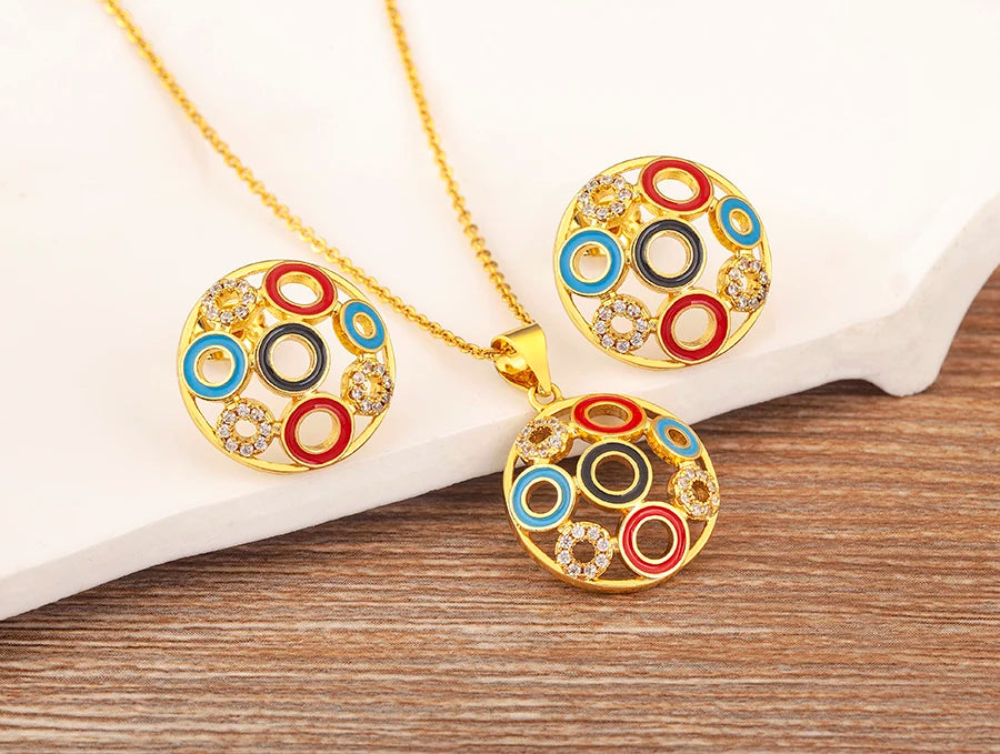 Fashion Creative Hollow Design Circle Colorful Zircon Necklace Earrings Luxury Party New Year Jewelry Sets