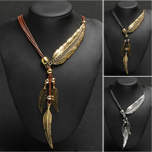 New 2024 Bohemian Style Rope Chain Leaf Feather Pattern Pendant For Women Fine Jewelry Collares Statement Necklace