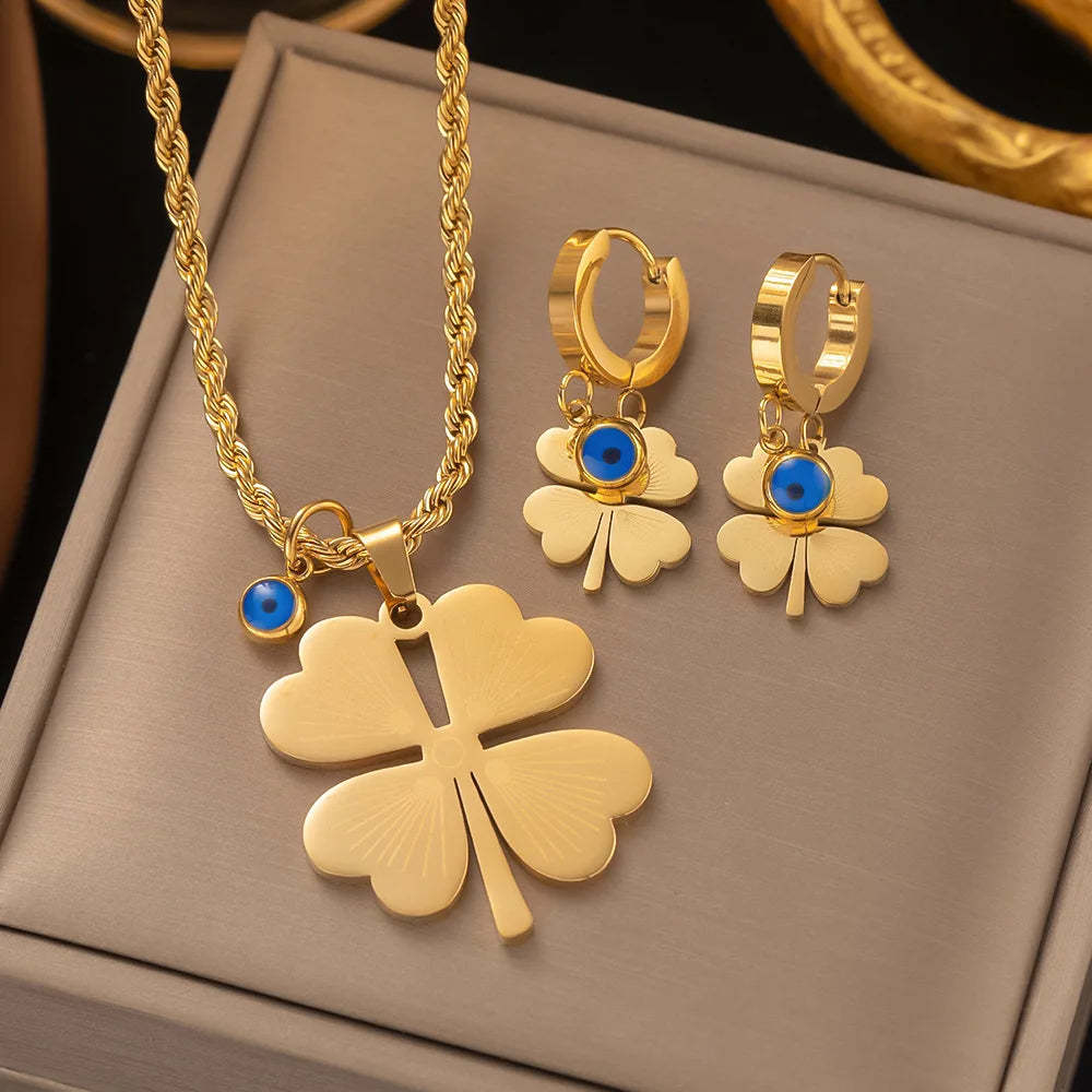 2024 Fashion Four-leaf Clover Stainless Steel Earrings Necklace Set For Women Lucky Turkish Blue Eyes Drop Pendant Daywear Jewelry