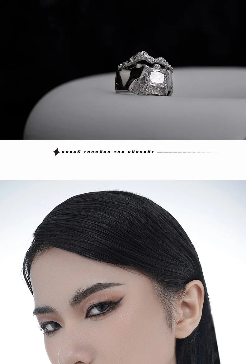 F.I.N.S Punk S925 Sterling Silver Zircon Ring Wide Open Resizable Index Mid Finger Ring Luxury Wedding Party Statement Ring Gift