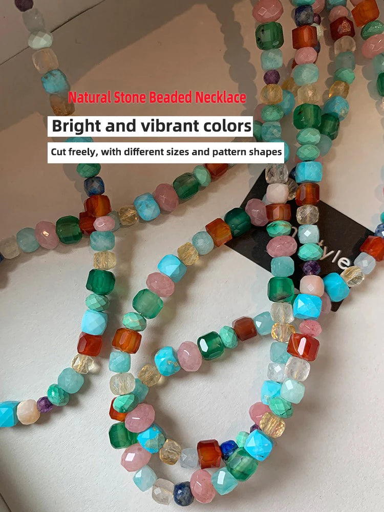 Colorful Natural Stone Beaded Necklace 2024 Women's Sweet and Fashionable Jewelry Set Elegant Accessories Neckchain for Girls