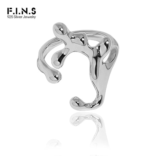 F.I.N.S Glossy Irregular S925 Sterling Silver Open Ring Smooth Branch Resizable Wedding Rings for Women Men Finger Jewelry