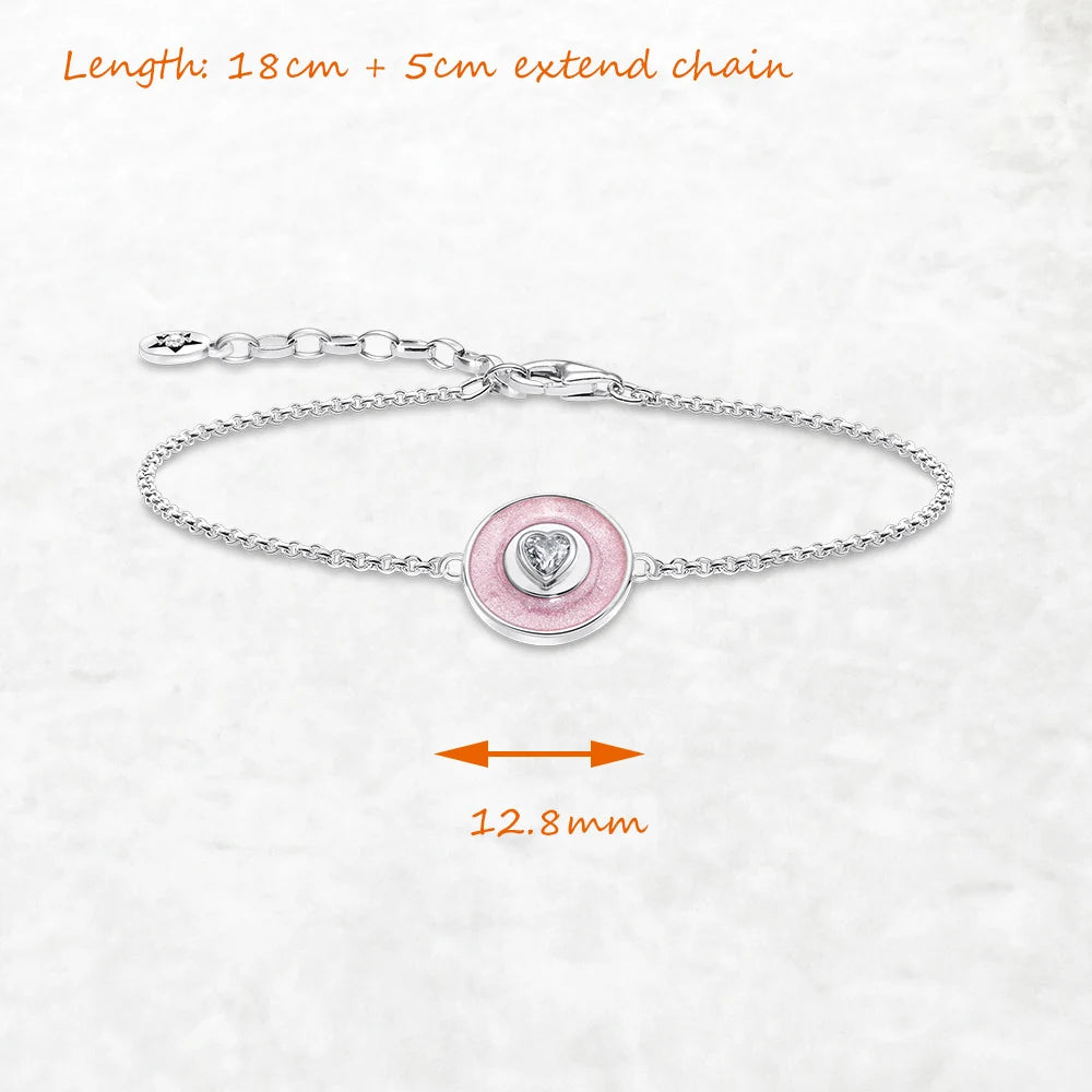 Bracelet Pink Disc Heart Zircon Winter Autumn 925 Sterling Silver Jewelry Romantic Gift For Women