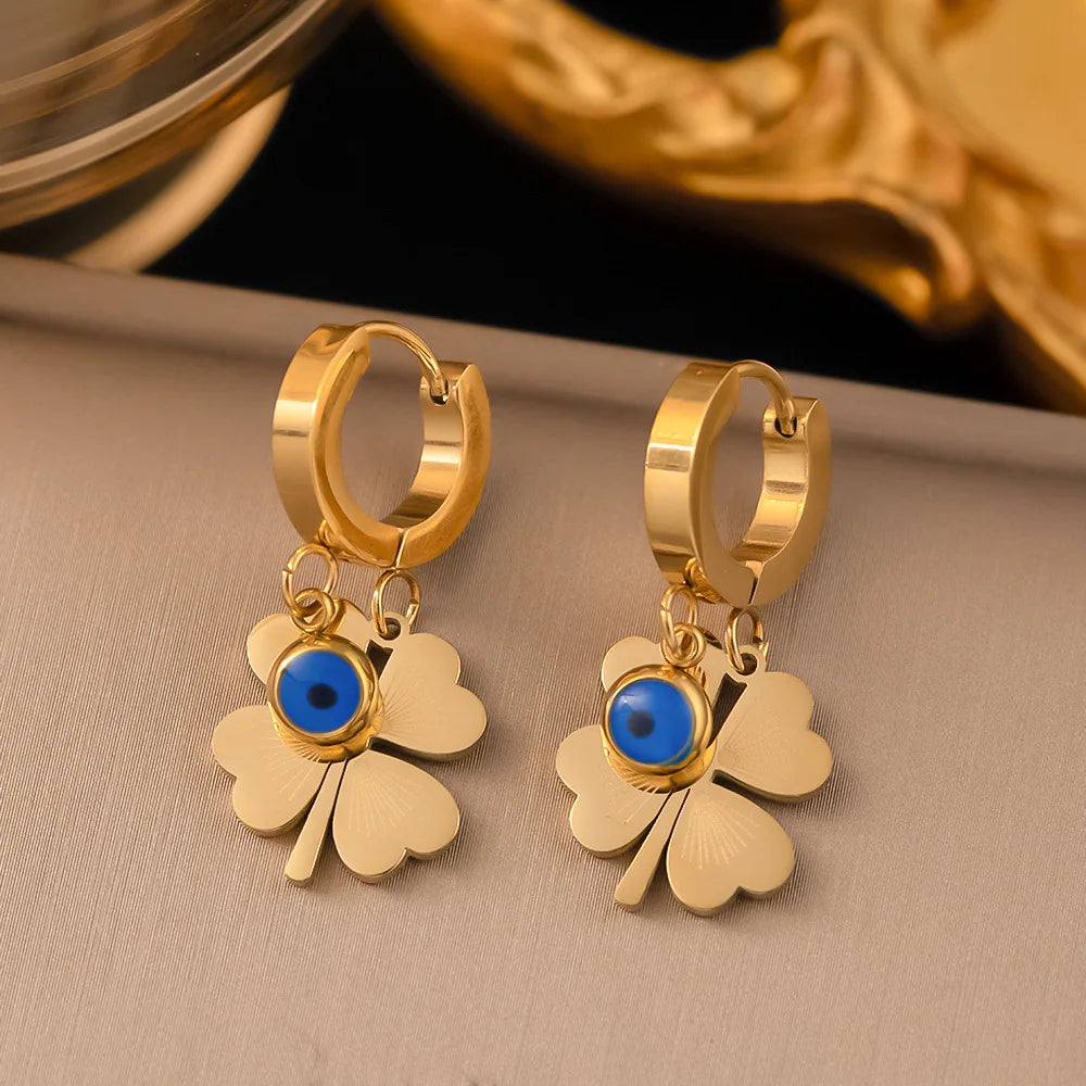 2024 Fashion Four-leaf Clover Stainless Steel Earrings Necklace Set For Women Lucky Turkish Blue Eyes Drop Pendant Daywear Jewelry