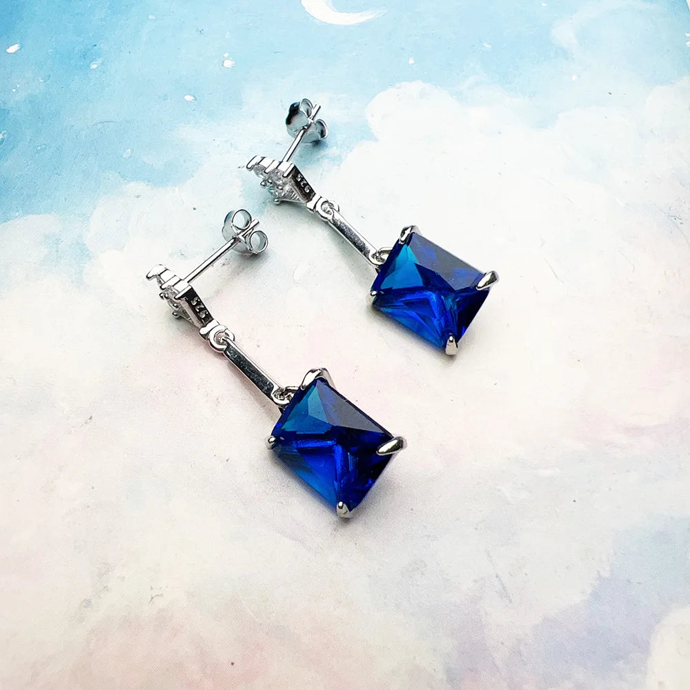 Dangle Earrings Sapphire Blue Stones Fine Jewelry For Women Summer Brand New Pure Sterling Silver 925 Classic and Elegant Gift