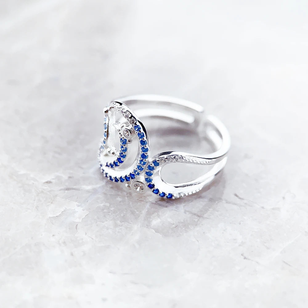 Wave With Blue Stones Cocktail Ring Brand New Fine Jewerly Real Pure 925 Sterling Silver Trendy Gift For Women