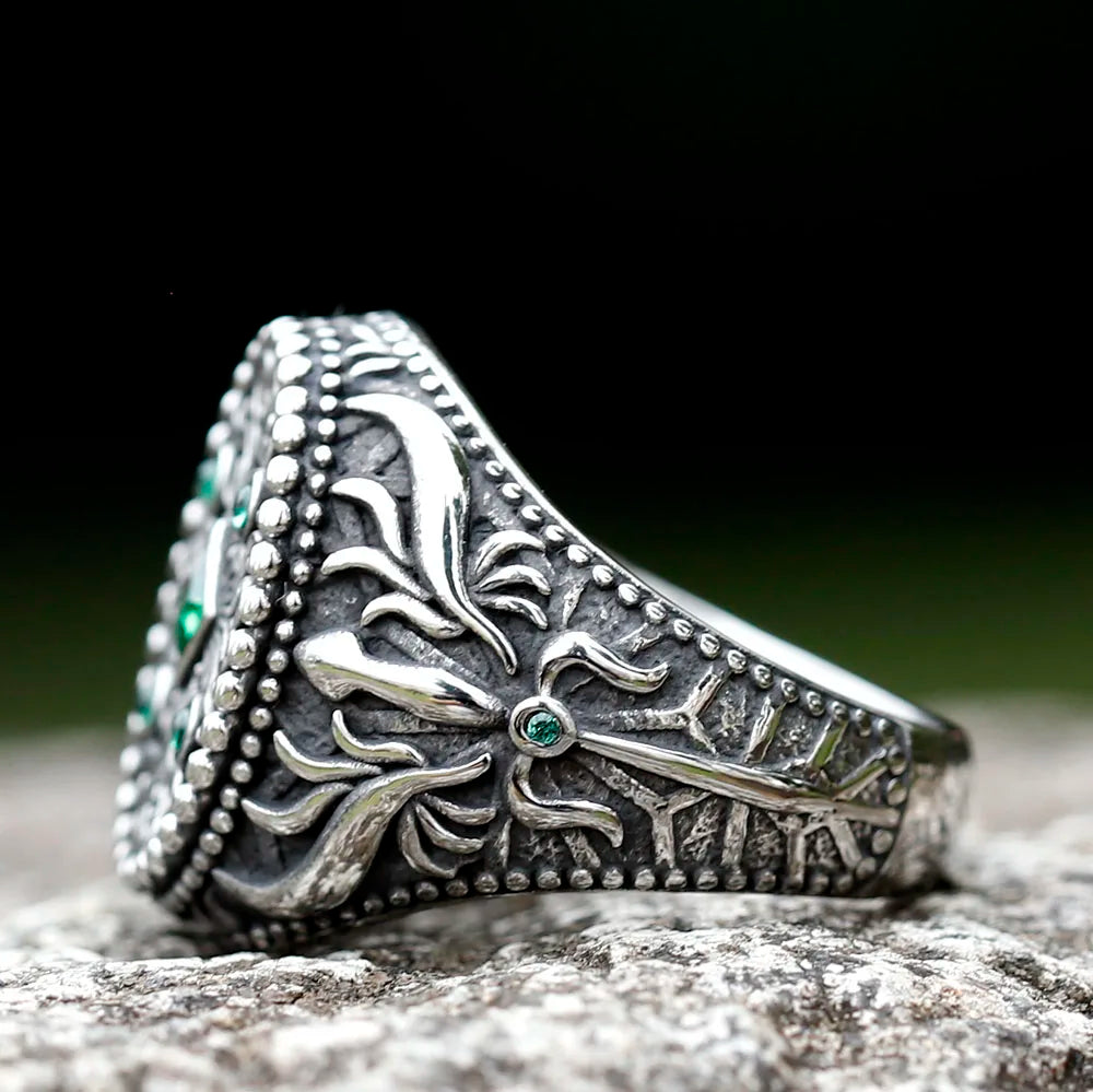 New Unique Design Stainless Steel Turkish Stone Ring Vintage Pattern Men's Ring Retro National Style Jewelry Gift